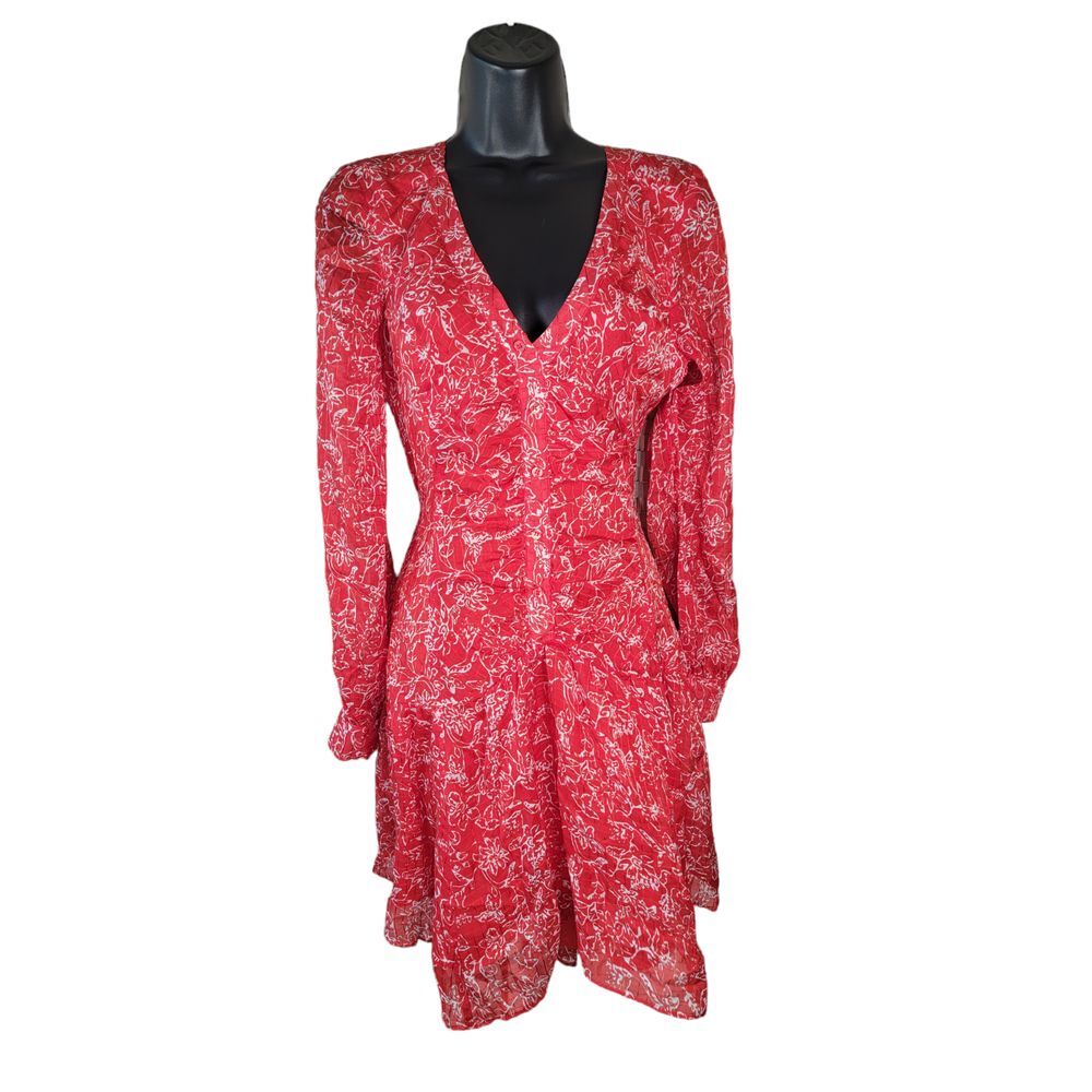 Revolve Parker Red White Floral Mini Dress Size Small Longsleeve Chiffon‎ Button